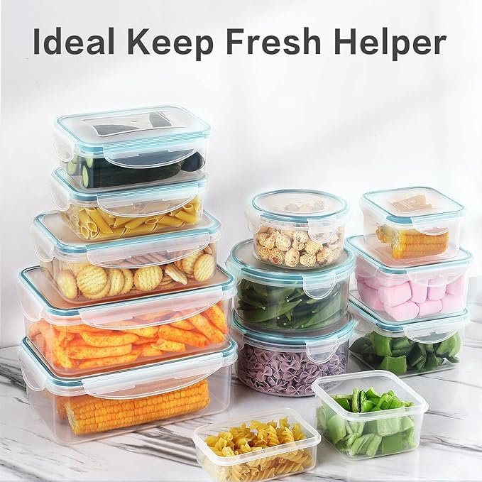 HOMBERKING 32 Pieces Food Storage Containers Set with Snap Lids (16 Lids + 16 Containers), Meal Prep Airtight Plastic Containers, BPA-Free Lunch Containers for Kitchen, Pantry, Home, Light Blue