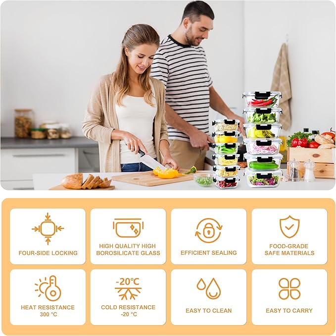 24 Piece (12 Food Storage Containers and 12 Lids),17.6+40.6 OZ Black Glass Storage Containers With Lids,Square Glass Meal Prep Containers,Microwaveable,Meal Preparation,Storage Containers