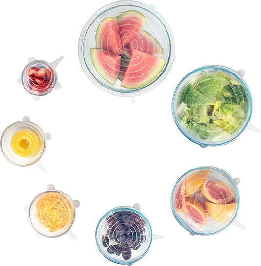 Modfamily Silicone Stretch Lids (7 pack, includes EXCLUSIVE XL SIZE), Reusable, Durable & Expandable to Fit Many Container Sizes & Shapes. Superior for Keeping Food Fresh, Dishwasher & Freezer Safe
