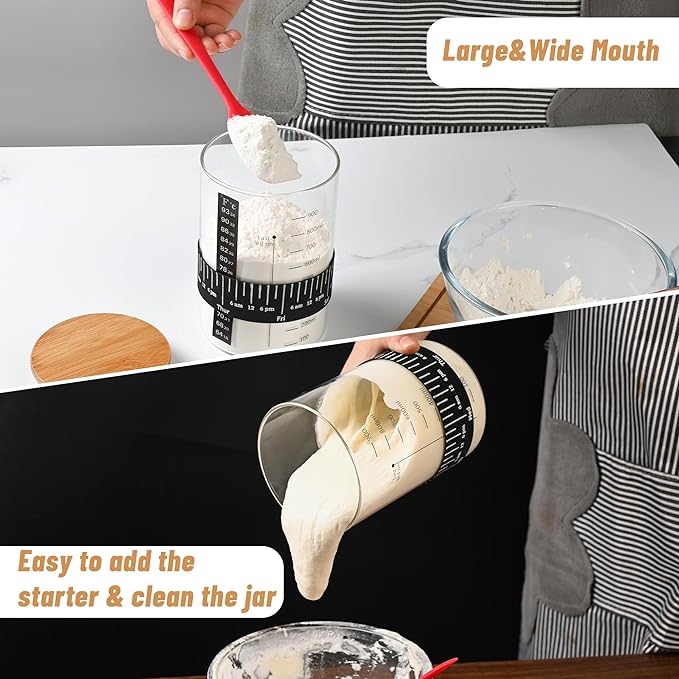 Pro Sourdough Starter Jar Kit- 35 Oz Large Sourdough Starter Glass Jar with Date Marked Feeding Band,Thermometer,Spatula,Cloth Cover& Lid for Sour Dough Bread Loaf
