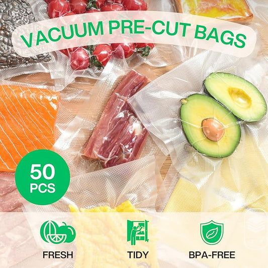 Vacuum Sealer Pre-Cut Bags - BPA-Free, Heavy Duty Food Saver Bags for Dry & Wet Foods, Compatible with Most Vacuum Sealers, Ideal for Freezing & Sous Vide Cooking (8" x 10" 50 count)