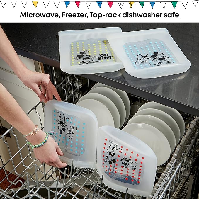 Pyrex Platinum Silicone Food Grade Reusable Storage Bag, Bundle 4-Pack Large and Small | Mickey Mouse | Eco-Friendly | Cook, Store, Sous Vide, or Freeze | Dishwasher, Freezer, and Microwave Safe