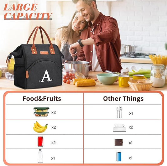 Personalized Lunch Box for Women, Initial Reusable Insulated Lunch Bag, Wide-Open Adult Lunchbox Cooler Lunchbag Snack Organizer, Initial Leakproof Lunch Tote Bag for Picnic Work Outdoors Black - N