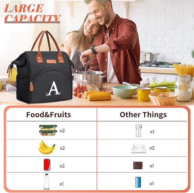 Personalized Lunch Box for Women, Initial Reusable Insulated Lunch Bag, Wide-Open Adult Lunchbox Cooler Lunchbag Snack Organizer, Initial Leakproof Lunch Tote Bag for Picnic Work Outdoors Black - U