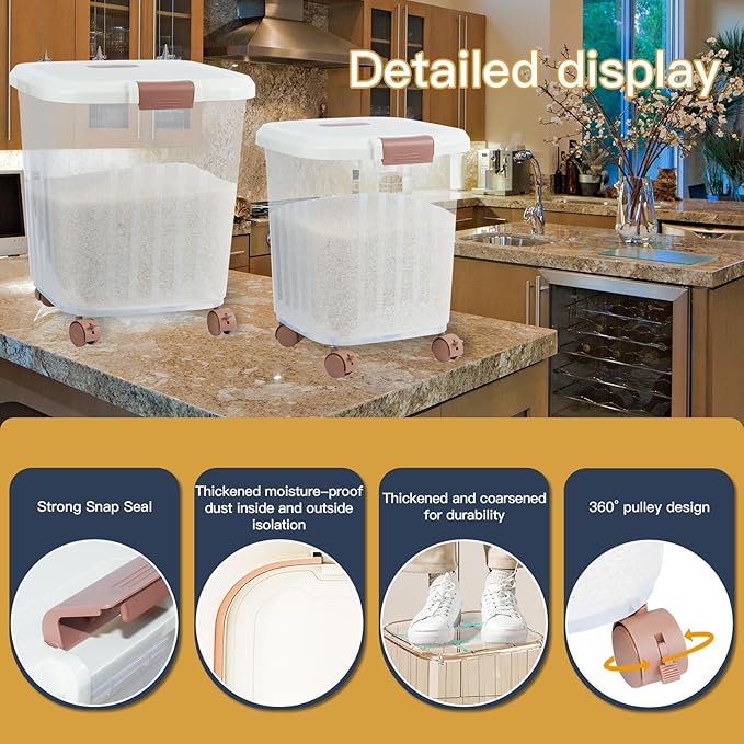 2PCS Airtight Flour Sugar Storage Containers with Lids, Easy to Move, Plastic Rice Cereal Grain Pet Food Bin with Wheels for Kitchen Pantry Organization (30lbs & 50lbs)