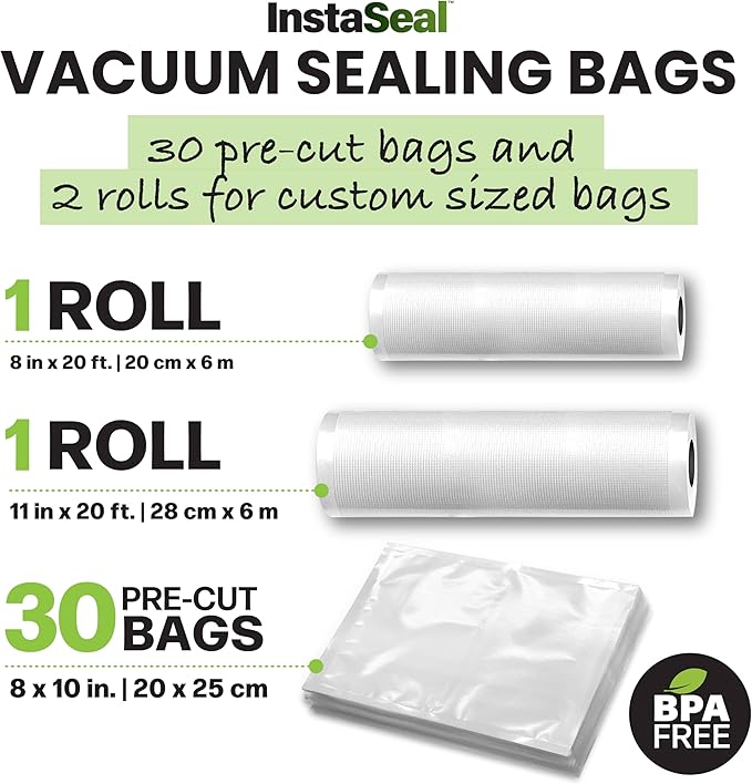 InstaSeal Vacuum Sealer Bags for Food, 1 Roll 8" x 20 Ft + 1 Roll 11" x 20 Ft + 30 Pre Cut Vacuum Seal Bags for Food, Works with MOST Vacuum Sealer Machines, Helps Keep Food Fresher Longer