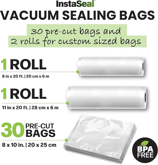 InstaSeal Vacuum Sealer Bags for Food, 1 Roll 8" x 20 Ft + 1 Roll 11" x 20 Ft + 30 Pre Cut Vacuum Seal Bags for Food, Works with MOST Vacuum Sealer Machines, Helps Keep Food Fresher Longer