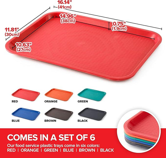 Stock Your Home Large Plastic Serving Trays for Fast Food (Set of 6) 16” x 12” Multicolor Cafeteria Tray for Lunch, Restaurant, Café, Craft Service Carts