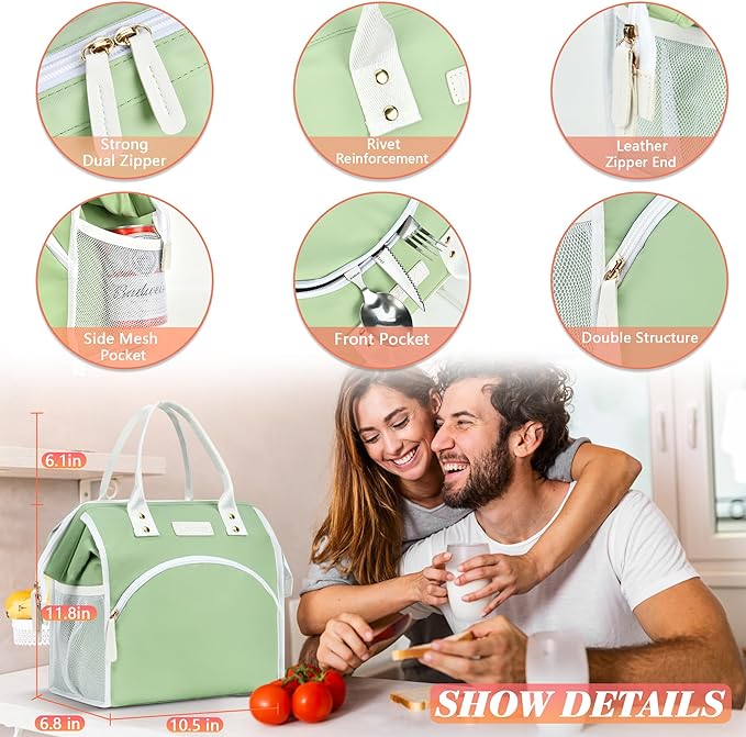 LOKASS Lunch Bag Women Insulated Lunch Box Wide-Open Lunch Tote Bag Large Waterproof Cooler Bag for Work Picnic Hiking Beach（Green）