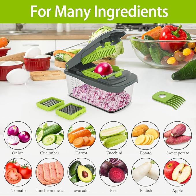 Cambom Vegetable Chopper With Container, Multifunctional Food Chopper Onion & Vegetable Cutter Dicer With 8 Blades, Carrot & Veggie Slicer 2 Blades Grey
