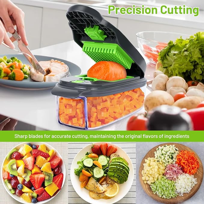 16 in 1 Food Chopper - Vegetable Cutter with 8 Blades, Slicer for Onion, Potato, Carrot, Garlic, Egg & Cheese - Container Included