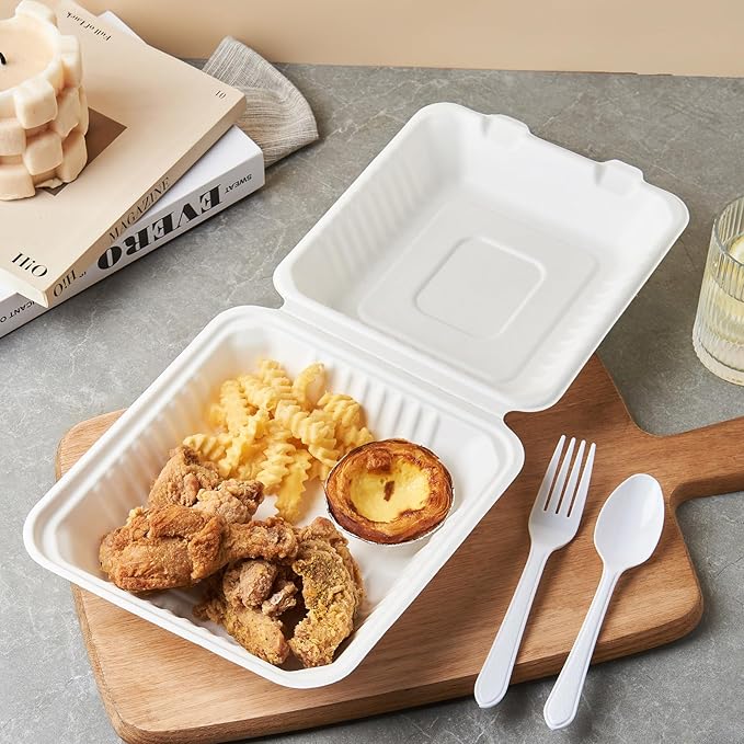 [8X8 1-Compartment 75-Pack Bio Natural Clamshell Take Out Food Containers with Lids, Disposable Bagasse Togo Trays, Eco-Friendly Biodegradable Made of Sugar Cane Fibers