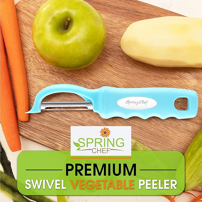 Spring Chef Premium Swivel Vegetable Peeler, Aqua Sky & Stainless Steel Magnetic Measuring Cups, Set of 7, Black - 2 Product Bundle