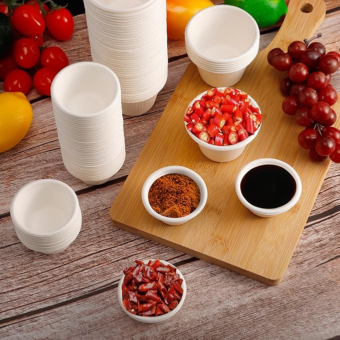 Blcculi 300 Pack Compostable Portion Cups,4 OZ Disposable Souffle Cups,White Bagasse Fiber Cups,Biodegradable Sauces Cups,Compostable Condiment Cups,Sample Cups for Snack, Salad, Dressing