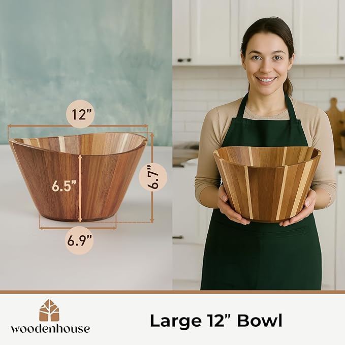 Wooden Salad Bowl, Wooden Bowl, Fruit Bowl - 12" Wavy Large Salad Bowl for Serving, Handmade, Durable and Stylish Natural Wood Dining Accessory by Woodenhouse