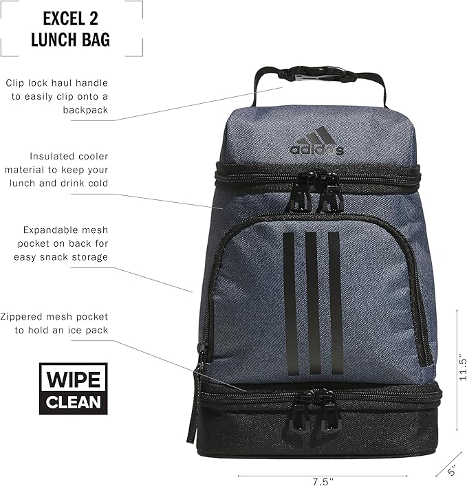 adidas Excel Lunch Bag, Cooler with Zipper, Pocket for Ice Pack, and Clip, Temperature Control Insulation, Twill Onix Grey/Black, One Size