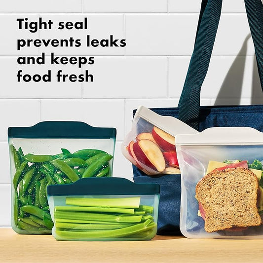 OXO Good Grips Silicone Reusable Bags – 4 Piece Lunch Set - Oat/Lagoon