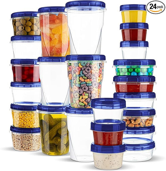 PLASTICPRO 24 Pack Twist Top Containers Assorted Sizes Plastic Food Storage Containers with Blue Twist on Lids Stackable Reusable