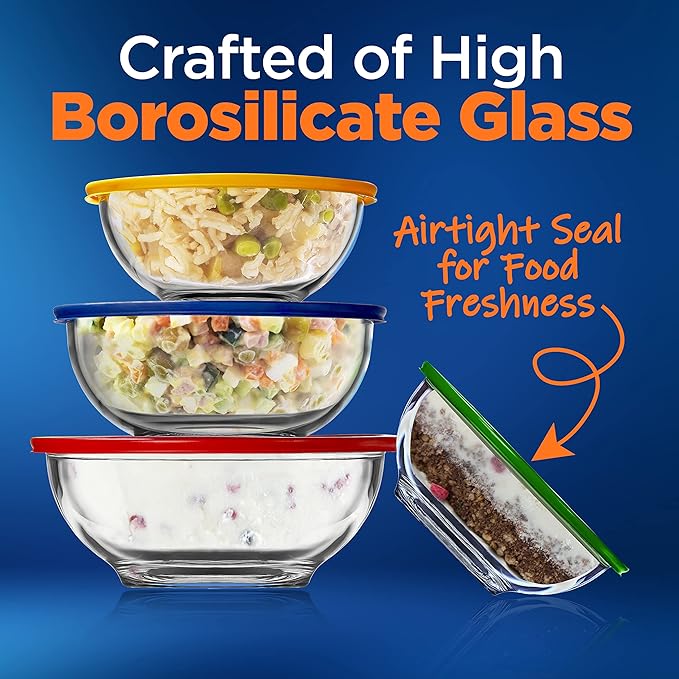 NutriChef 4-Pack Glass Mixing Bowls with BPA-Free Lids, Stackable Nesting Salad Bowls (1QT, 1.6QT, 2.5QT, & 3.7QT), Prepping and Baking Food Storage Set, Dishwasher, Freezer, & Microwave Safe