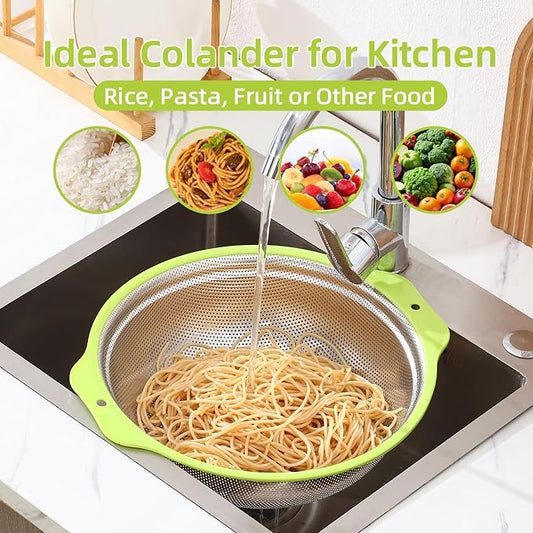 Colander Stainless Steel Microporous, 5QT Large Capacity Rice Washer with Mixing Bowl, 12.5’’Rice Strainer Bowl Set with Handle, Food-Grade Strainers and Colanders for Washing Rice, Pasta