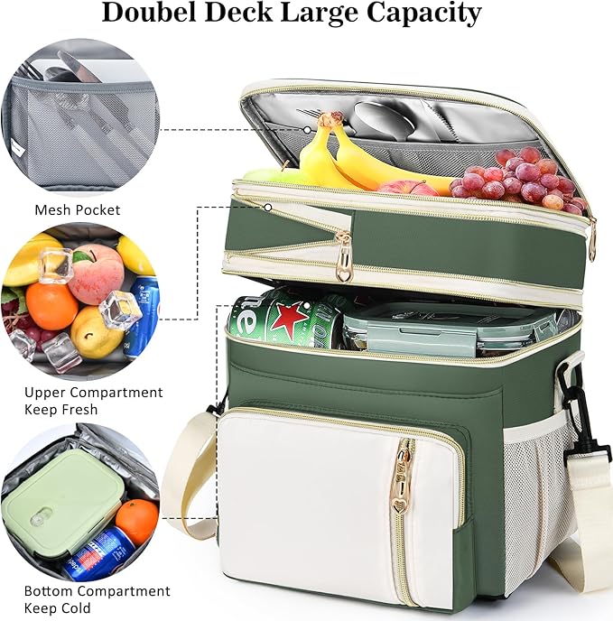 Lunch Box & Lunch Bag for Women Men, Large Insulated Adult Lunch Box Leakproof Lunchbox Cooler Bag for Work Picnic Beach,16L, Army Green & White