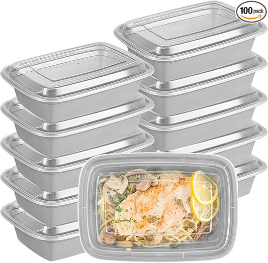 Restaurantware Asporto 38 Ounce Take Out Containers, 100 Food Containers With Lids - Microwavable, Disposable, Silver Plastic To Go Food Containers, No BPA, For Take Out And Delivery