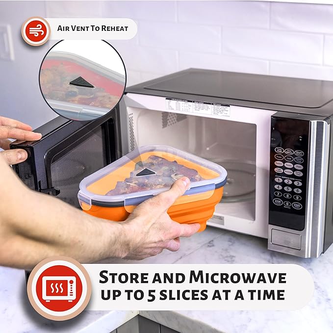 PIZZA PACK The Perfect Reusable Pizza Storage Container with 5 Microwavable Serving Trays - BPA-Free Adjustable Pizza Slice Container to Organize & Save Space, Orange 4 pk