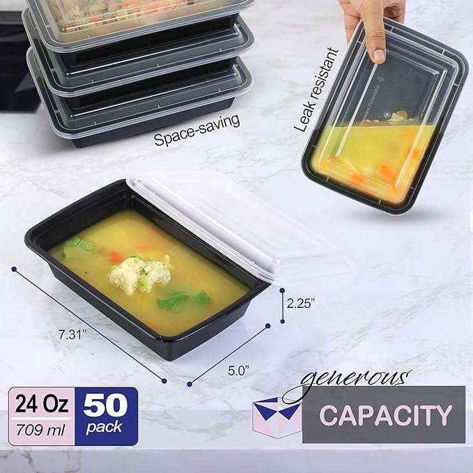 Meal Prep Containers 50 Pack - Food Storage Container with Lids, Resturaunt Take-Out Container, Durable & Airtight, Microwave & Freezer Safe for Freshness, Convenience & Organization (24oz -50 Pack)