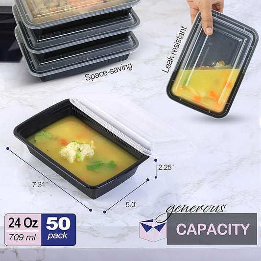 Meal Prep Containers 50 Pack - Food Storage Container with Lids, Resturaunt Take-Out Container, Durable & Airtight, Microwave & Freezer Safe for Freshness, Convenience & Organization (24oz -50 Pack)