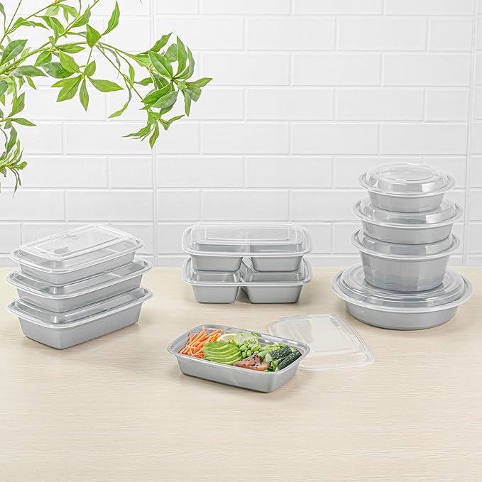 Restaurantware Asporto 24 Ounce Take Out Containers, 100 Food Containers With Lids - Microwavable, Disposable, Silver Plastic To Go Food Containers, No BPA, For Take Out And Delivery