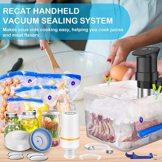 46 PCS Electric Vacuum Sealer, Sous Vide Bags, Handheld Mason Jar Vacuum Sealer & 15 PCS Reusable Vacuum Food Storage Bags for Anova, Joule Cookers, 4 Cooking Clips, 5 Sealing Clips