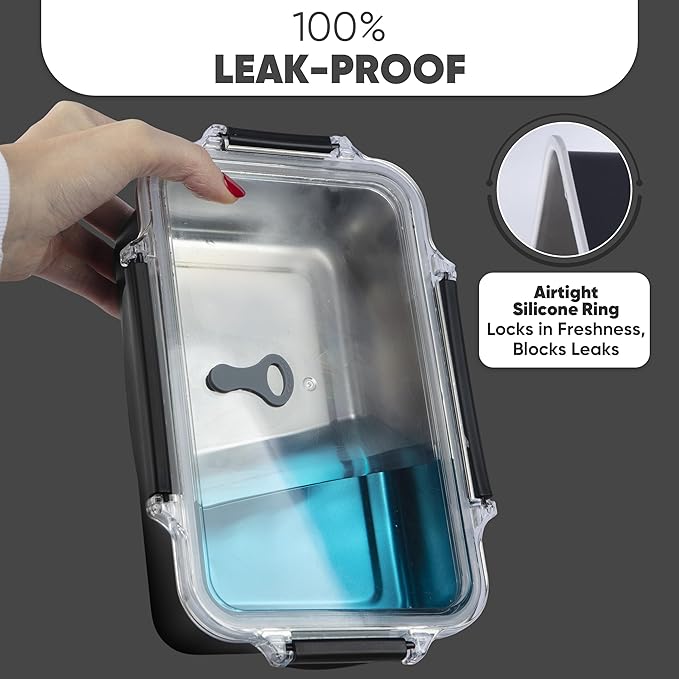 Bliss - Modern Leak proof Stainless Steel Lunch Box for Adults I Microwave safe | Metal Bento Box with 3 Compartments, Stainless steel Lunch Container, Metal Food Storage| Salad container