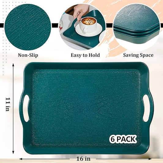 6 Pcs Serving Trays with Handles Trays for Eating 16 x 11 Inch Multi Purpose Plastic Tray Rectangular Anti Skid Decorative Food Tray for Restaurant Breakfast Countertop Party Kitchen (Green)