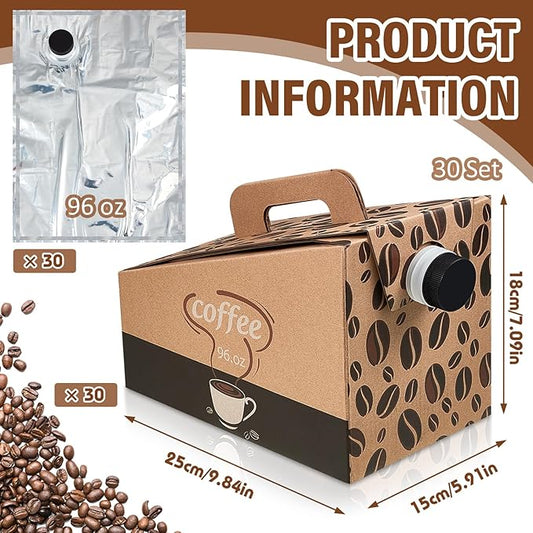 Dandat 30 Pack Coffee to Go Container - 96 oz Thick Hardboard Insulated Coffee Box, Disposable Beverage Dispenser with Handle and Lids for Hot and Cold Bulk Beverages, Portable Catering Servers