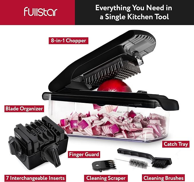 Fullstar Vegetable Chopper and Spiralizer - Food Chopper with Container, Fruit Slicer, Kitchen Gadgets & Accessories, Home Essentials (8 in 1, Black)