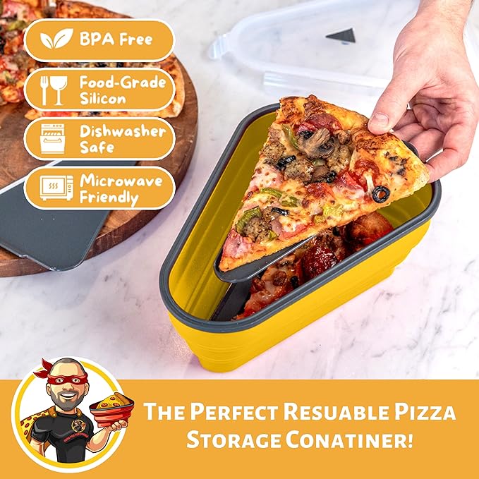 PIZZA PACK The Perfect Reusable Pizza Storage Container with 5 Microwavable Serving Trays - BPA-Free Adjustable Pizza Slice Container to Organize & Save Space, 4 Pack, Yellow