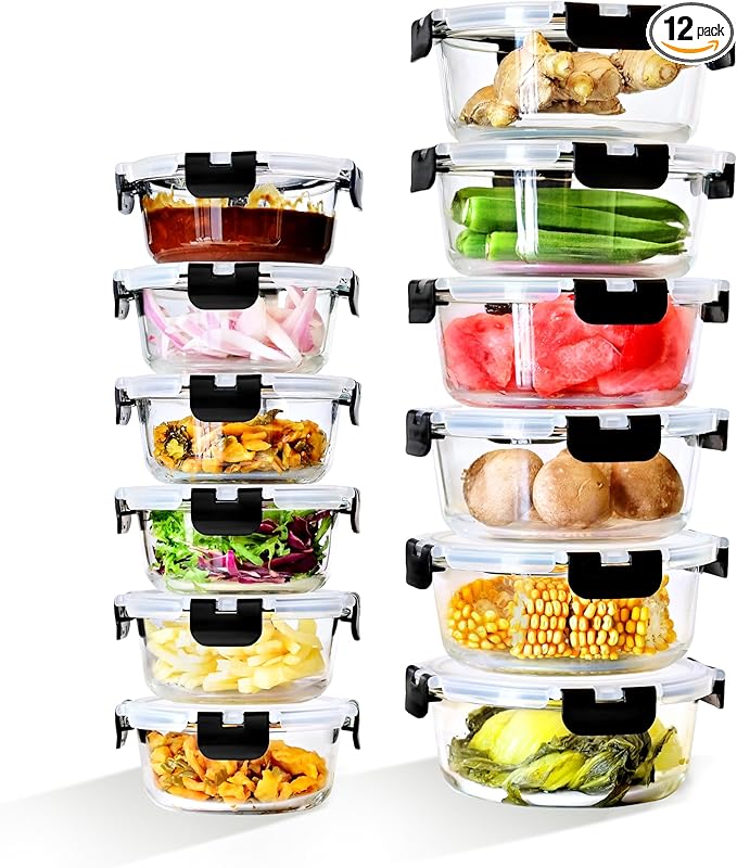 24 Piece (12 Food Storage Containers and 12 Lids),13.5+32.1 OZ Black Glass Storage Containers With Lids,Round Glass Meal Prep Containers,Microwaveable,Meal Preparation,Storage Containers