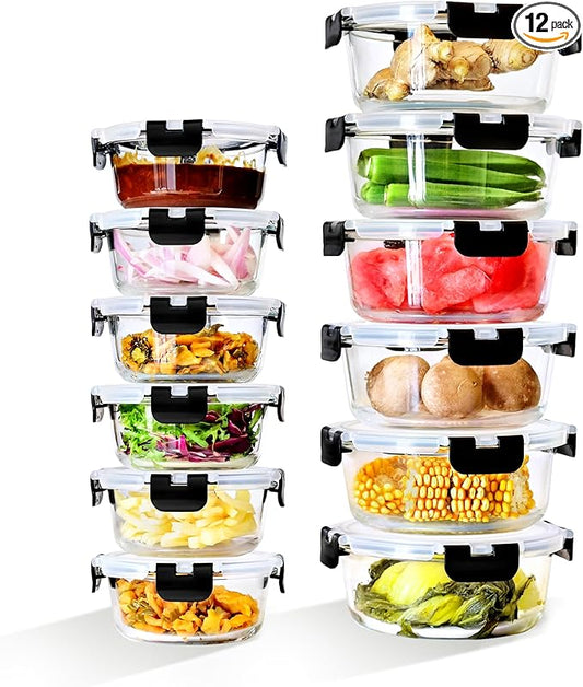24 Piece (12 Food Storage Containers and 12 Lids),13.5+32.1 OZ Black Glass Storage Containers With Lids,Round Glass Meal Prep Containers,Microwaveable,Meal Preparation,Storage Containers