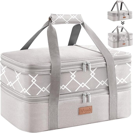 Lifewit Expandable Insulated Casserole Carrier for Hot or Cold Food, Double Decker Food Bag Lasagna Holder Carry Tote for Potluck Parties/Picnic/Cookouts, Fits 9"x13" Baking Dish, Grey-Geometric