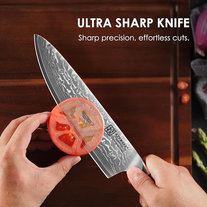 KEEMAKE Chef Knife, 8 Inch Damascus Kitchen Knife, 67 Layers Damascus Steel Knife with Japanese VG10 Core, Razor Sharp Chefs Knife with Ergonomic G10 Handle for Meat Vegetable