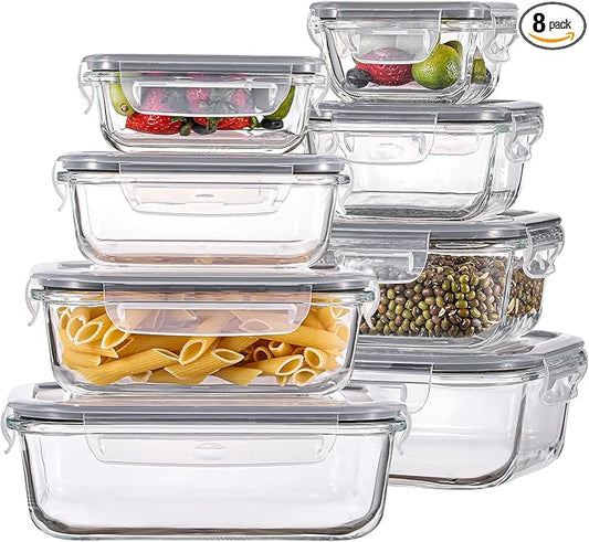 HOMBERKING 8 Pack Glass Food Storage Containers with Lids, Meal Prep Containers, Airtight Bento Boxes with Leak Proof Locking for Microwave, Oven, Freezer and Dishwasher, BPA Free, 5-35oz