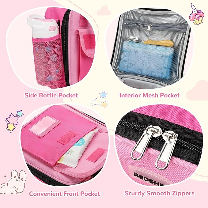 REDSHELL Tactical Lunch Box Kids, Large Insulated Lunch Bag for Girls, Cooler Lunchbag, Square Toddler Lunchbox, School Daycare Lunch Tote Pail with Water Bottle Holder Shoulder Strap, Rose Red