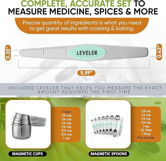 Spring Chef Premium Swivel Vegetable Peeler & Stainless Steel Magnetic Measuring Cups & Spoons, Set of 15 with Leveler - 2 Product Bundle - Mint