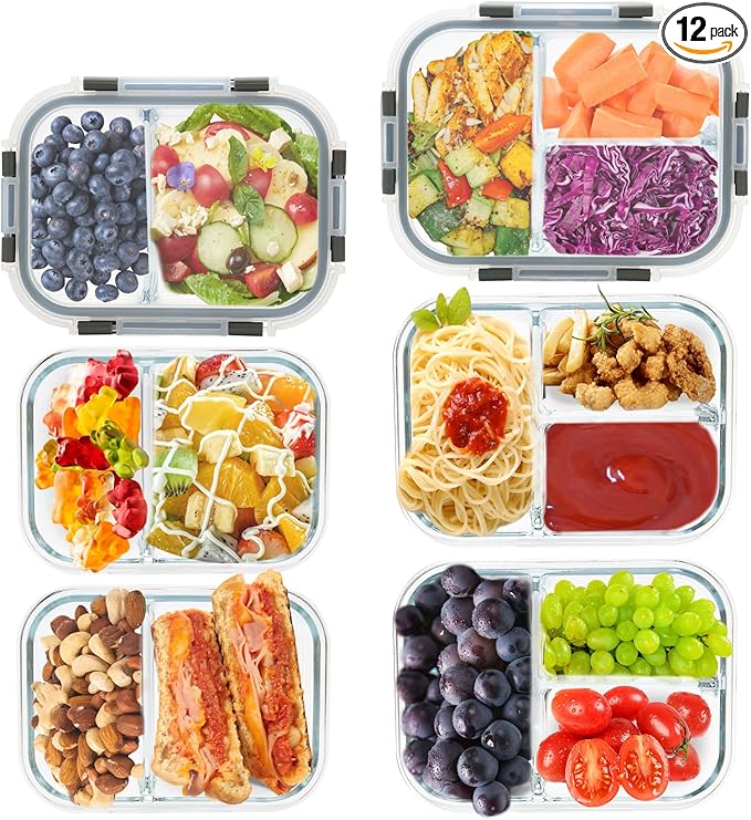 2 & 3 Compartment Glass Meal Prep Containers - Glass Food Storage Lunch Containers with Lids, Glass Bento Box, Portion Control, Freezer to Microwave Safe