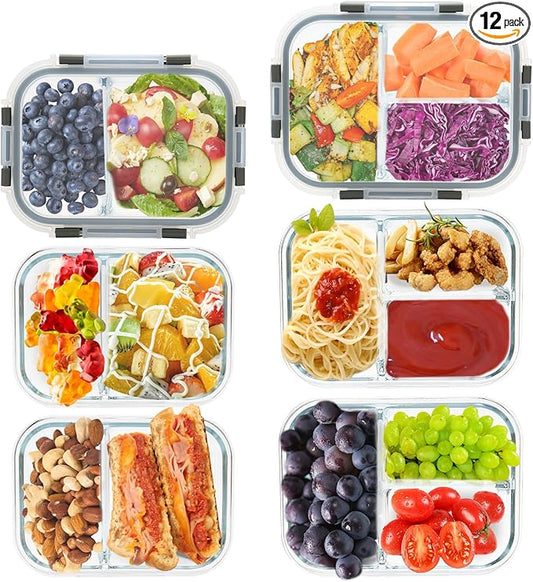 2 & 3 Compartment Glass Meal Prep Containers - Glass Food Storage Lunch Containers with Lids, Glass Bento Box, Portion Control, Freezer to Microwave Safe