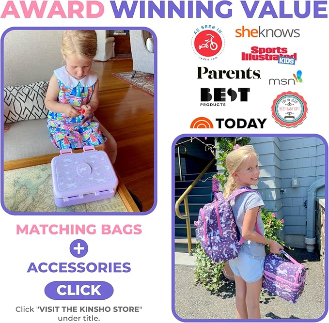 Stainless Steel Lunch Box for Baby Toddlers Girls, Mini Bento, 3 Eco Metal Portion Sections Leakproof Lid, Pre-School Daycare Lunches, Kids Spill-Proof Snack Container, 18 oz/550 mL Purple Unicorn
