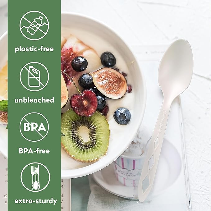 100% Compostable Non Plastic Spoons [100 Pack] CPLA Disposable Spoons. Non Plastic Silverware Set. Eco-Friendly Cutlery, Off White Flatware, Extra Sturdy Utensils, by Earth's Natural Alternative