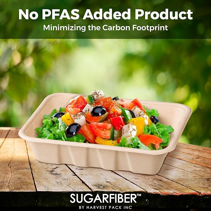 [100 COUNT]Harvest Pack 32 oz PFAS FREE Disposable Food Trays, 8.49" x 6.45" x 1.86"Compostable Food Container Bagasse Serving Trays, from Sugarcane Eco-Friendly Plant Fibers, No Lids included