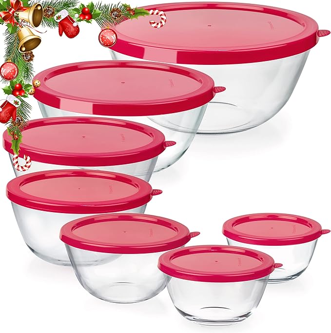 7 Stackable Space-Saving Nesting Glass Bowls with BPA Free Lids for Foodprep, Storage, Baking, Mixing & Cooking, Microwave Safe - Durable Inert Borosilicate Glass