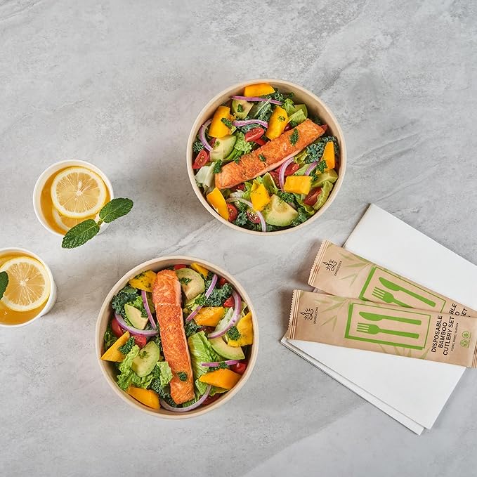 Restaurantware-Sustain 44 Ounce Sturdy Paper Take Out Boxes, 50 Round Take Out Food Containers - With PLA lining, Compostable, Bamboo Paper Containers, Disposable, Greaseproof